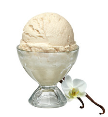 Vanilla ice cream in glass sundae dish bowl isolated on white background with clipping path