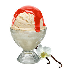 Vanilla ice cream in glass sundae dish bowl isolated on white background with clipping path