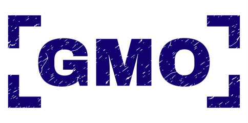 GMO title seal imprint with corroded style. Text title is placed inside corners. Blue vector rubber print of GMO with corroded texture.