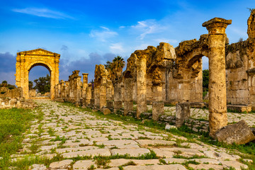 Lebanon. Tyre. The triumphal arch of Hadrian and a Roman road. The city was added to UNESCO's list...