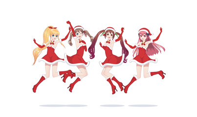 Joyful anime manga girls as Santa Claus in a jump