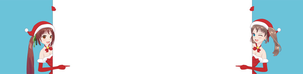 Two anime manga woman looks out from behind poster