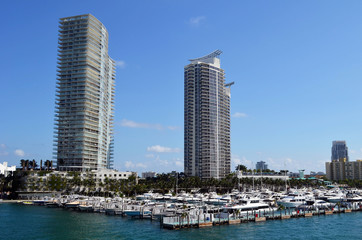 Luxury condominium buildings overlooking a marina in Miami Beach,Florida