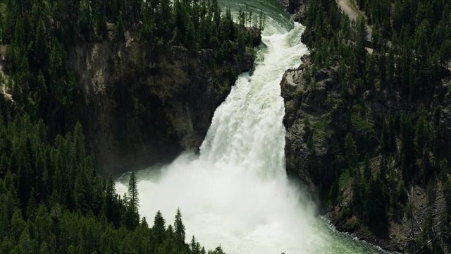 Aerial view flowing Yellowstone River Upper Falls USA