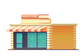Book shop store building isolated on white background. Shop building with a glass-glazed storefront. Vector flat style illustration.