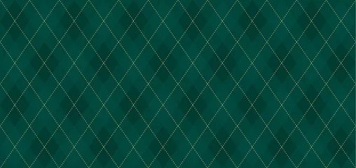 Foto auf Acrylglas Argyle vector pattern. Dark green with thin slim golden dotted line. Seamless vivid geometric background for fabric, textile, men clothing, wrapping paper. Backdrop Little Gentleman party invite card © Alona Khadzhyoglo