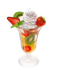 Cup of fruit salad with yogurt / frozen custard in glass sundae dish glass cup isolated on white background.