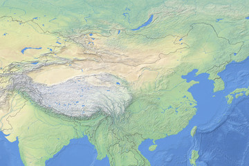 Physical map of China and adjacent countries - detailed topography based on WGS84 coordinate system