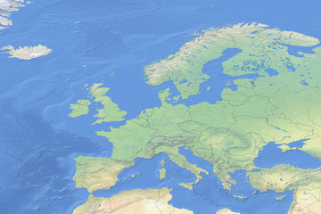 Physical map of countries in Europe - detailed topography based on WGS84 coordinate system