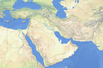Physical map of countries in the Middle East - detailed topography based on WGS84 coordinate system