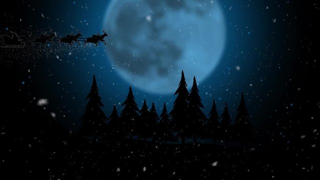 Digital composite of with falling snow over santa sleigh over clouds at night . Silhouette