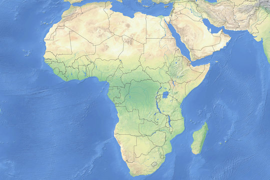 Physical map of countries in Africa - detailed topography based on WGS84 coordinate system