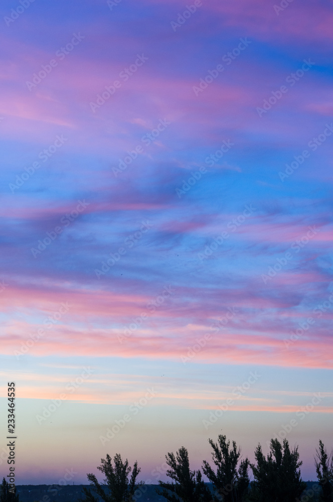 Wall mural landscape with dramatic light - beautiful golden sunset with saturated sky and clouds.
