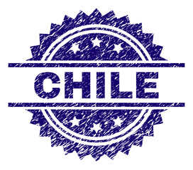 CHILE stamp seal watermark with distress style. Blue vector rubber print of CHILE text with scratched texture.