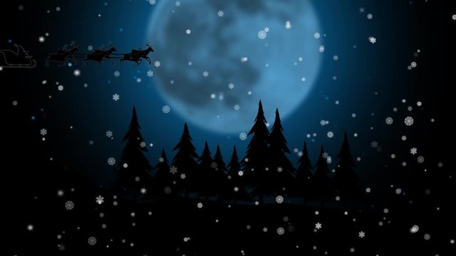 Blue xmas night with moon with Santa Claus sleight and reindeer . Silhouette