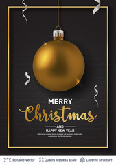 Golden Christmas ball and text on dark background.
