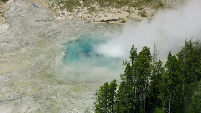Aerial view tourists Yellowstone Park hot springs USA