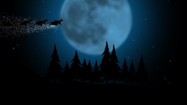 Silhouette santa flying with over full snowflakes moon over night forest. Silhouette