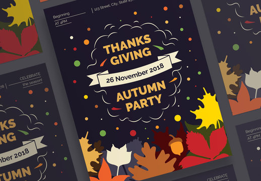 Thanksgiving Poster Layouts with Colored Leaves and Corn Elements