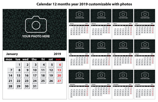 Calendario 12 mesi anno 2019 personalizzabile con testo foto e colori