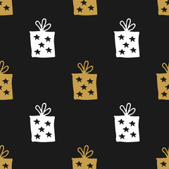 Gift Seamless Pattern, hand drawn gift boxes doodles background, Vector Illustration