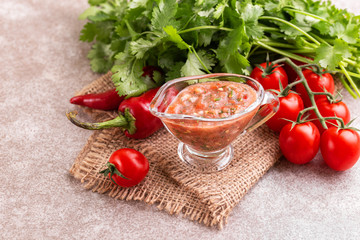 Traditional mexican red spicy sauce with ingredients