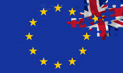 England flag leaves the European Union flag. Puzzle piece concept