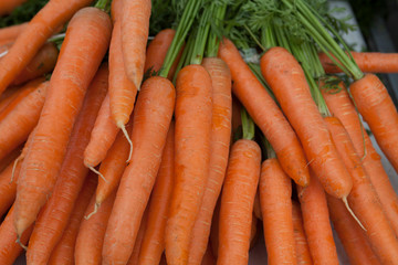 Fresh clean carrots with foliage on the market