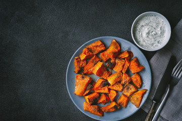 Top view of roasted pumpkin in rustic style