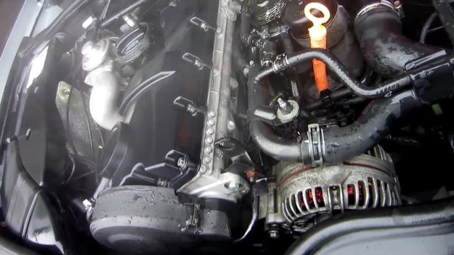 Car engine bay washed with a hot water pressure cleaning machine.