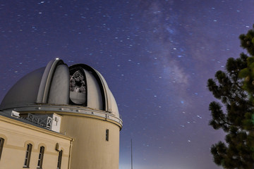 Night view of the historical Lick Observatory (completed in 1888) operated by the University of California; Starry sky and the Milky Way visible in background; San Jose, south San Francisco bay area