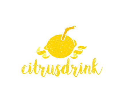 Lemon, citrus, citrus drink, peel and drink tube in grunge style, logo design. Natural and organic juice, food and fruit, vector design and illustration