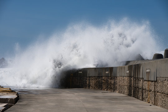 Scary Stormy Waves with Big Sea Wave Splashing Over Road