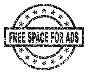 FREE SPACE FOR ADS stamp seal watermark with distress style. Designed with rectangle, circles and stars. Black vector rubber print of FREE SPACE FOR ADS label with dust texture.