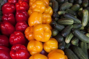 Colorful sweet bell peppers, at the market natural background