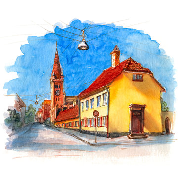 Watercolor sketch of historic row house district Nyboder with yellow houses and St Paul Church in Copenhagen, capital of Denmark