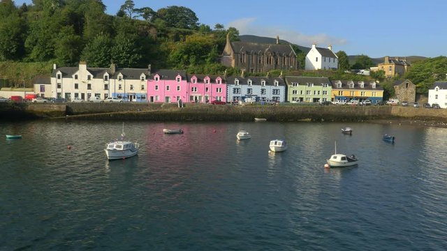 Aerial view of Tobermory harbour and town Highlands Scotland UK