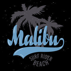 Malibu Surf Rider Beach California Surfing Surf Design  Logo Sign Label for Promotion Ads t shirt or sticker Poster Flyer Vector Image.
