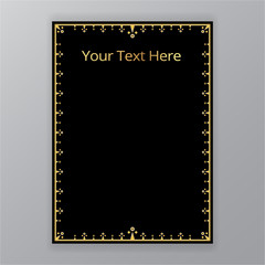 Golden black simplified, classic ornate in arabic style template. In A4 page  format.  Art deco and art nuvo, floral motive luxury backgorund for web and print