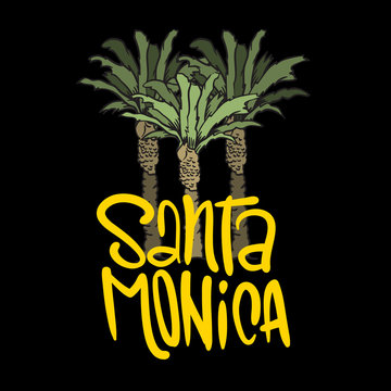 Santa Monica California Design With  Palm Trees Logo Sign Label for Promotion Ads t shirt or sticker Poster Flyer Vector Image.