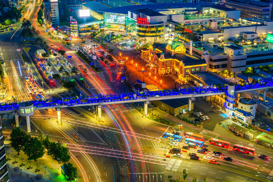 High angle view at night in front of Seoul railway station March 2018 with long-haired light car beautiful view of Seoul, South Korea