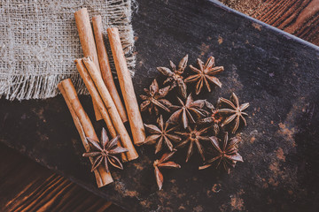 Star anise and cinnamon. Christmas spices background.