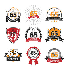 Collection of retro 65 th years anniversary logo. Set of Isolated vintage icons of sixty-five years celebrating vector illustration