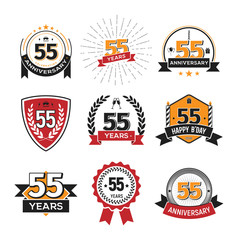 Collection of retro 55 th years anniversary logo. Set of Isolated vintage icons of fifty-five years celebrating vector illustration