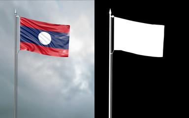 3d illustration of the state flag of the Lao People's Democratic Republic moving in the wind at the flagpole in front of a cloudy sky with its alpha channel