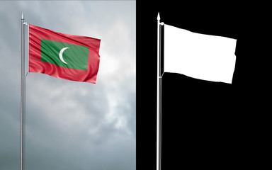 3d illustration of the state flag of the Republic of Maldives moving in the wind at the flagpole in front of a cloudy sky with its alpha channel