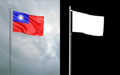 3d illustration of the state flag of the Republic of China moving in the wind at the flagpole in front of a cloudy sky with its alpha channel