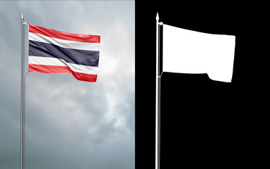 3d illustration of the state flag of the Kingdom of Thailand moving in the wind at the flagpole in front of a cloudy sky with its alpha channel