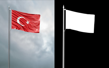 3d illustration of the state flag of the Republic of Turkey moving in the wind at the flagpole in front of a cloudy sky with its alpha channel