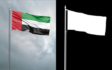 3d illustration of the state flag of the United Arab Emirates moving in the wind at the flagpole in front of a cloudy sky with its alpha channel
